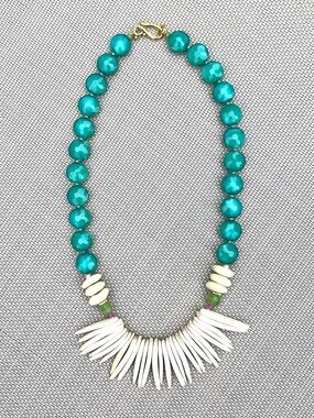 New Teal Bead Necklace with White Spike Fringe - Women Jewelry